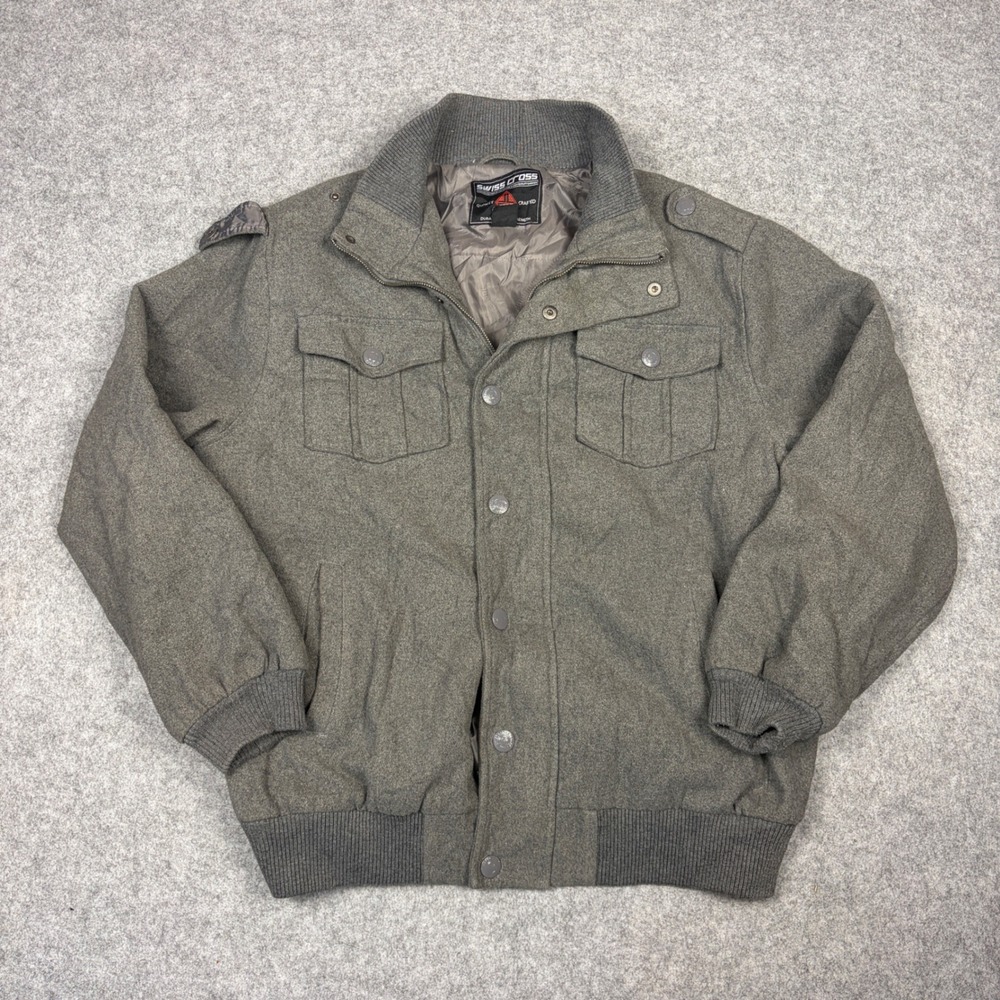 Swiss Cross Mens Gray Military Bomber Jacket Full Zip Quilted Lined Size Medium